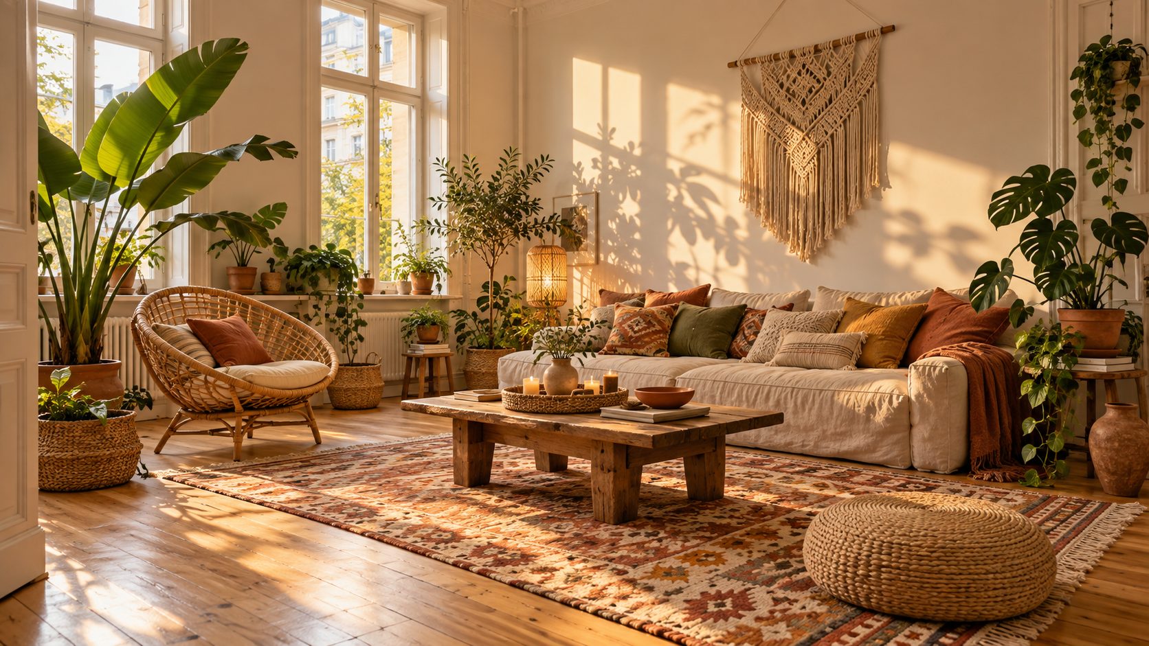 Boho-Wohnzimmer mit Rattansessel, Kelim-Teppich, Makramee, Jute-Pouf und vielen Pflanzen
