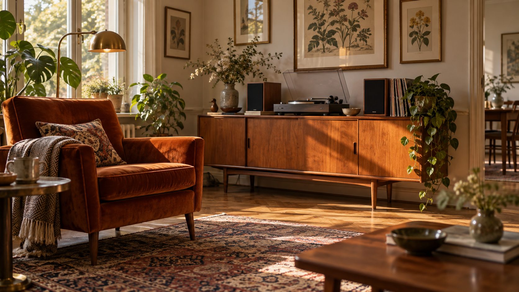 Wohnzimmer im Vintage-Stil mit Teak-Sideboard, Samtsessel, Orientteppich, Messing-Stehleuchte und Plattenspieler
